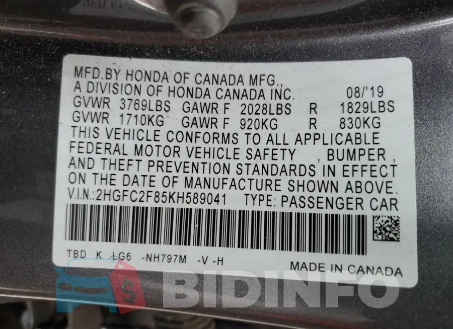 2HGFC2F85KH589041 Photo# 12