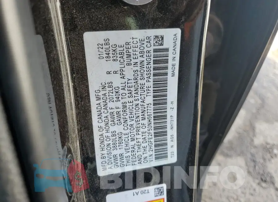 2HGFE2F50NH567775 Photo# 12