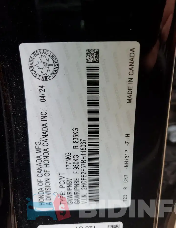 2HGFE2F57RH115067 Photo# 12