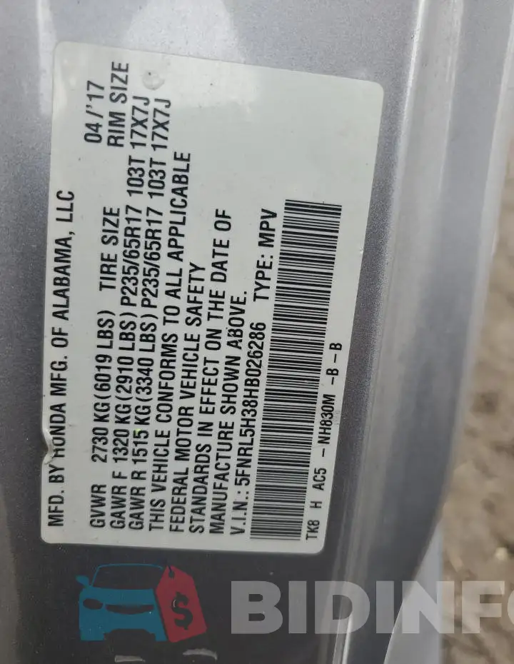 5FNRL5H38HB026286 Photo# 13