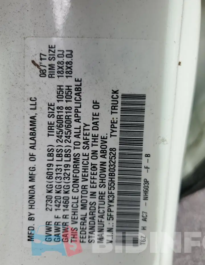 5FPYK3F55HB032528 Photo# 13