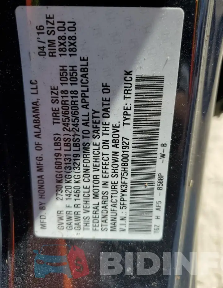 5FPYK3F75HB001927 Photo# 13