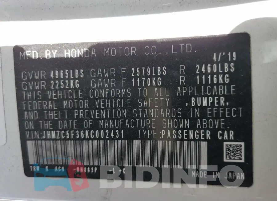 JHMZC5F36KC002431 Photo# 12