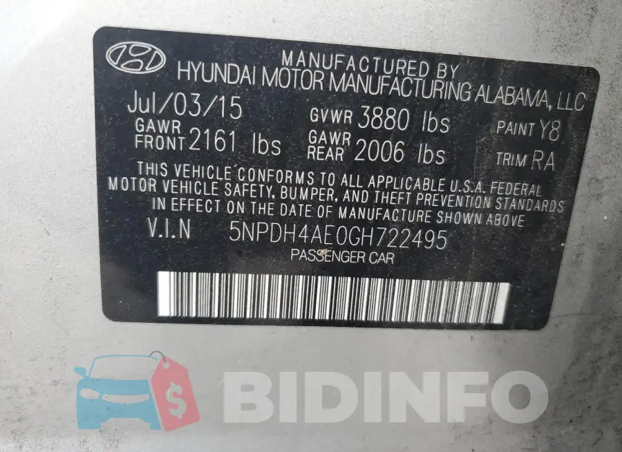 5NPDH4AE0GH722495 Photo# 12