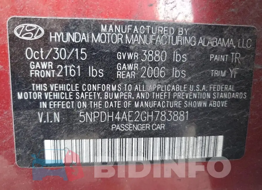 5NPDH4AE2GH783881 Photo# 12