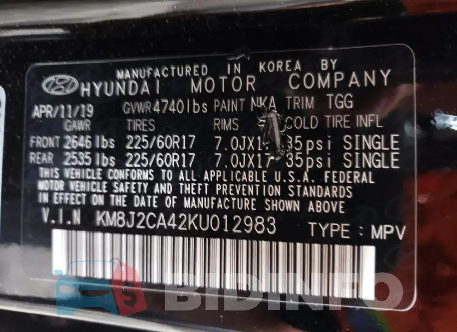 KM8J2CA42KU012983 Photo# 14