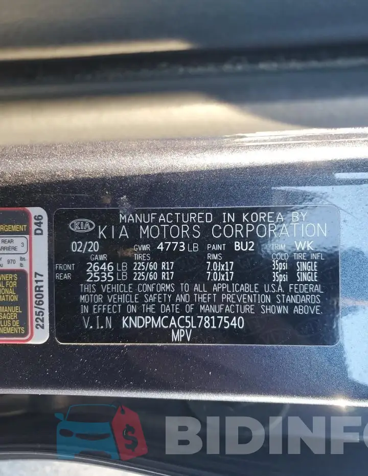 KNDPMCAC5L7817540 Photo# 13