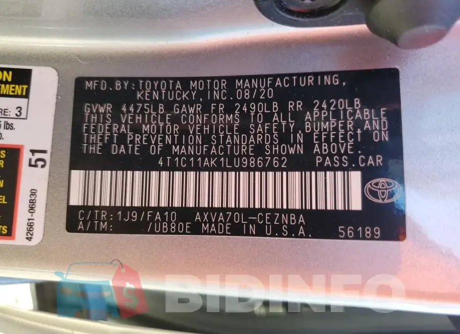 4T1C11AK1LU986762 Photo# 13