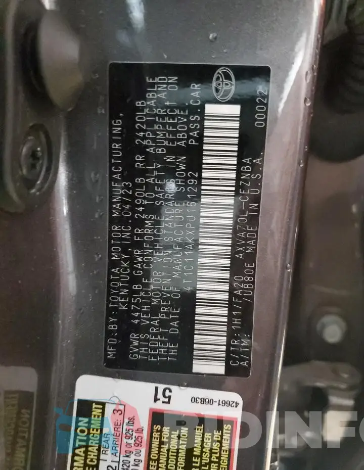 4T1C11AKXPU161292 Photo# 12