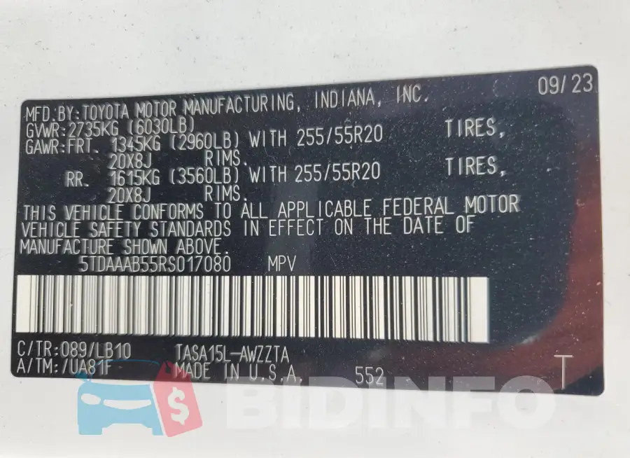 5TDAAAB55RS017080 Photo# 14
