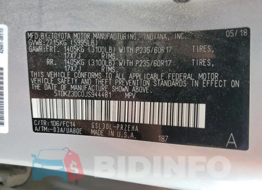 5TDKZ3DC0JS944481 Photo# 13