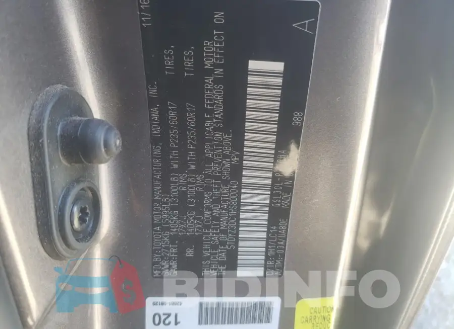 5TDYZ3DC1HS800040 Photo# 13