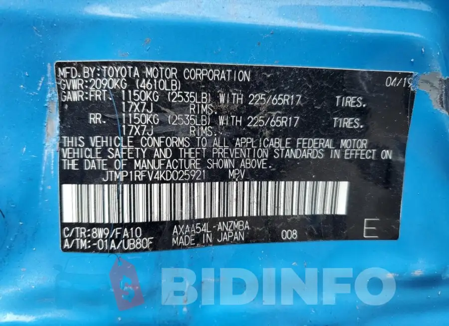 JTMP1RFV4KD025921 Photo# 14