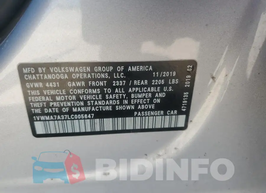 1VWMA7A37LC005647 Photo# 12