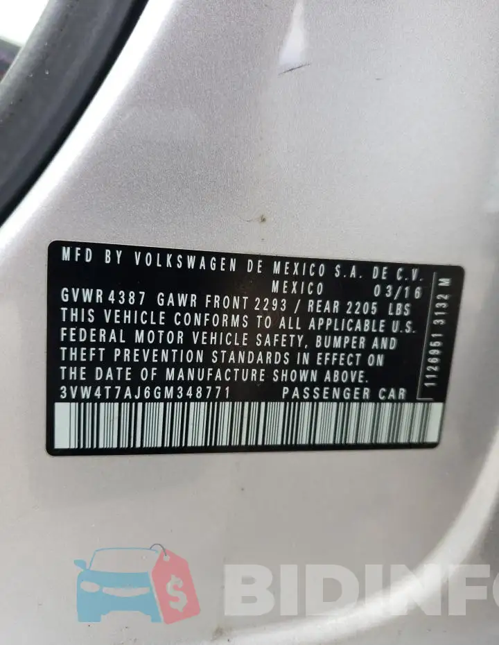 3VW4T7AJ6GM348771 Photo# 12