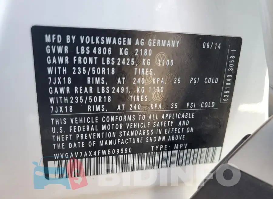 WVGAV7AX4FW509990 Photo# 14