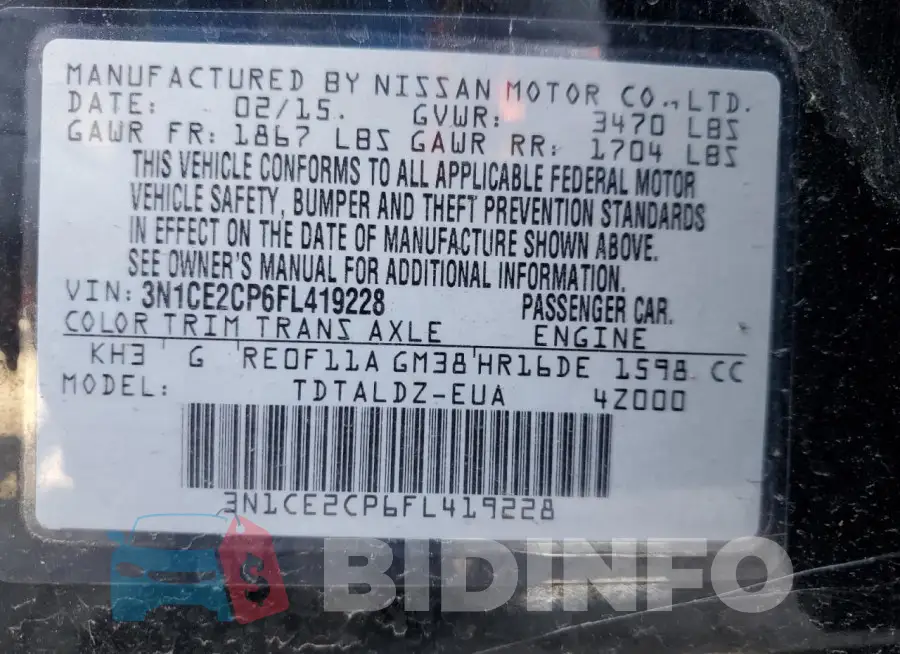3N1CE2CP6FL419228 Photo# 12