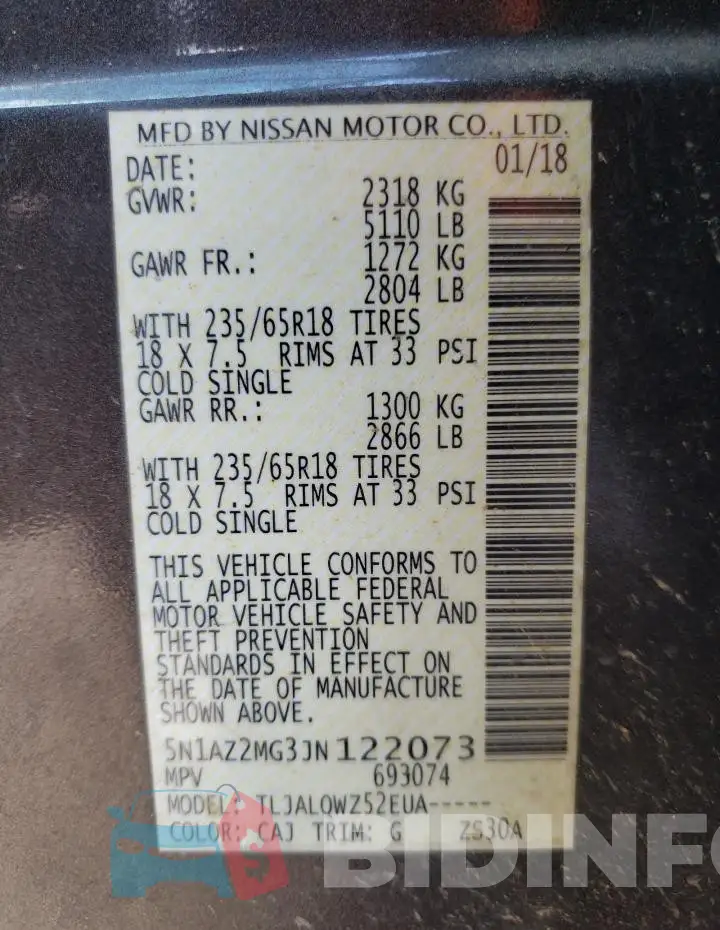 5N1AZ2MG3JN122073 Photo# 13
