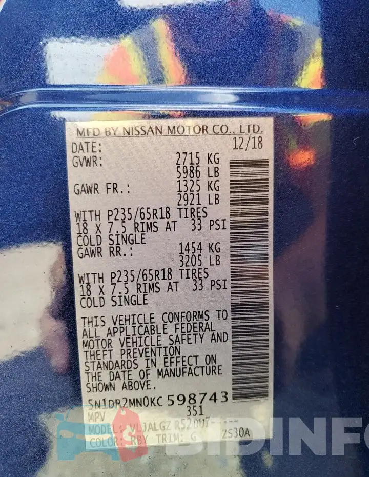 5N1DR2MN0KC598743 Photo# 14
