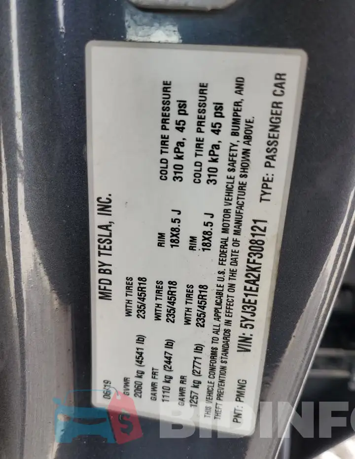 5YJ3E1EA2KF308121 Photo# 12