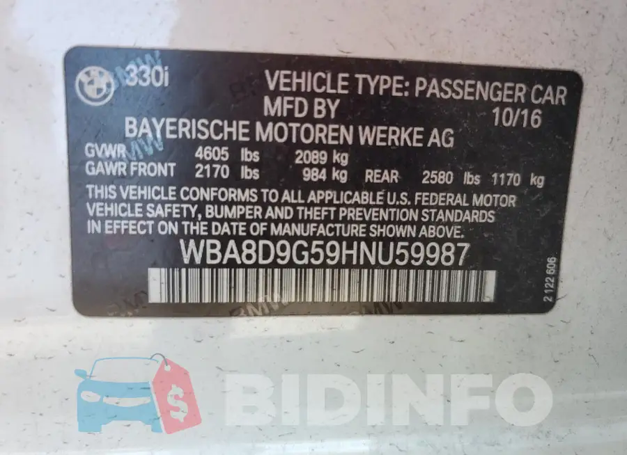 WBA8D9G59HNU59987 Photo# 13