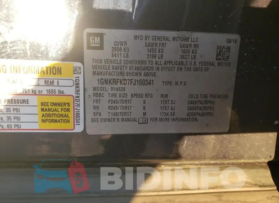 1GNKRFKD7FJ160341 Photo# 13