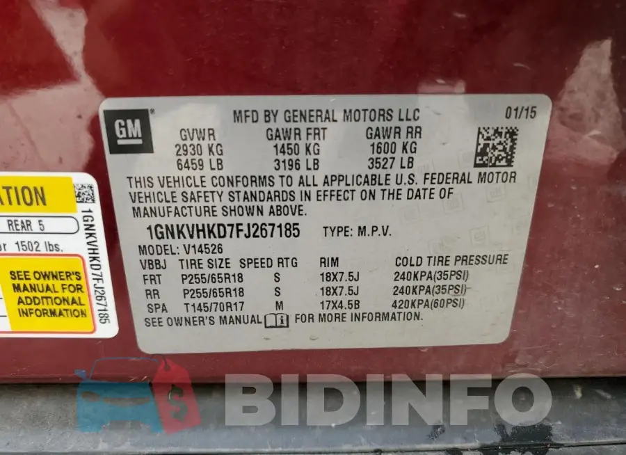 1GNKVHKD7FJ267185 Photo# 13