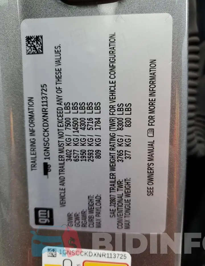 1GNSCCKDXNR113725 Photo# 14