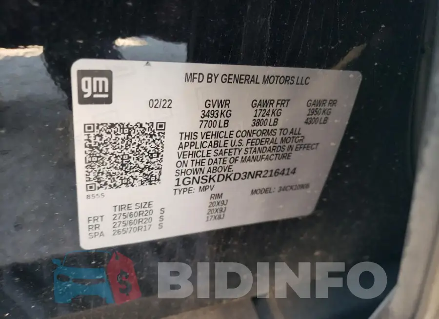 1GNSKDKD3NR216414 Photo# 14