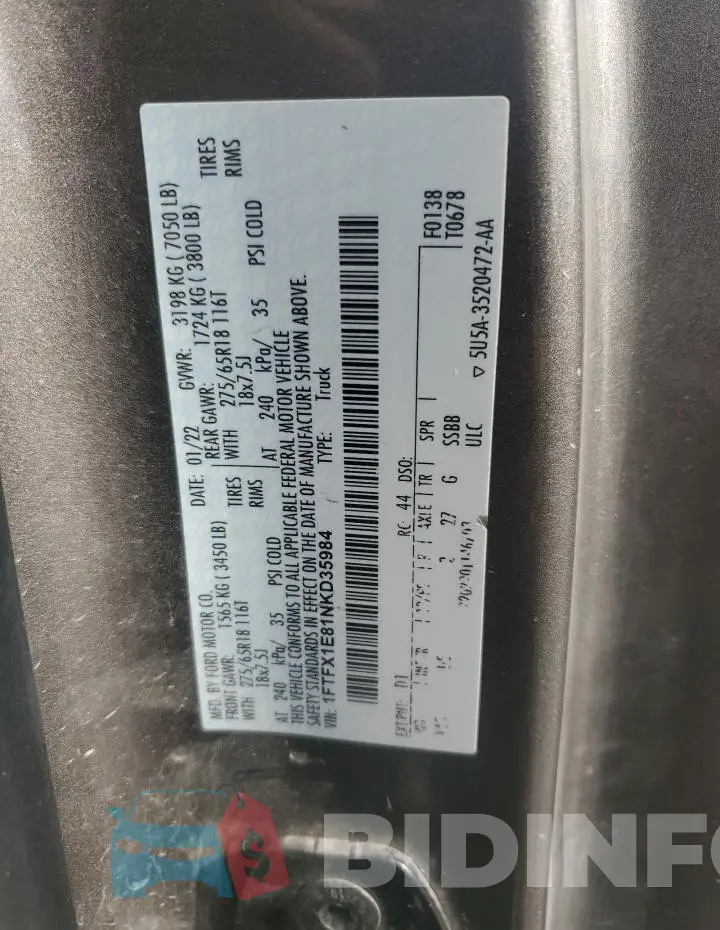 1FTFX1E81NKD35984 Photo# 12