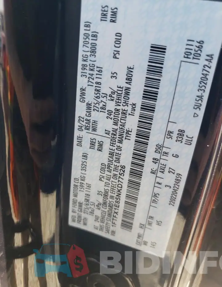 1FTFX1E85NKD77526 Photo# 12