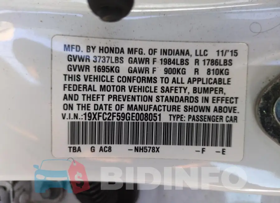 19XFC2F59GE008051 Photo# 13