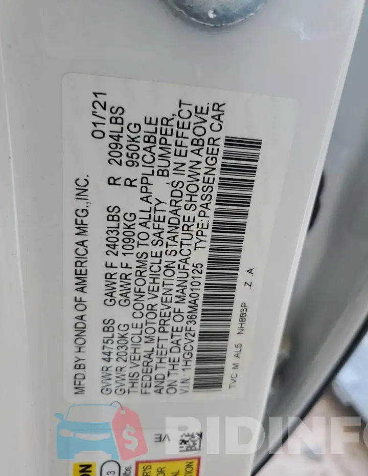 1HGCV2F36MA010125 Photo# 13