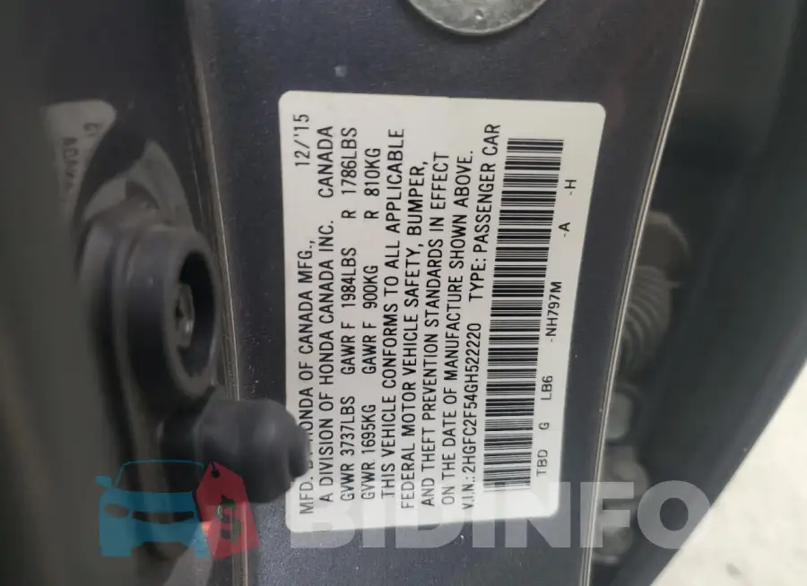 2HGFC2F54GH522220 Photo# 12