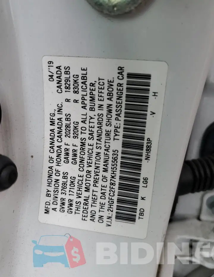 2HGFC2F87KH555635 Photo# 12