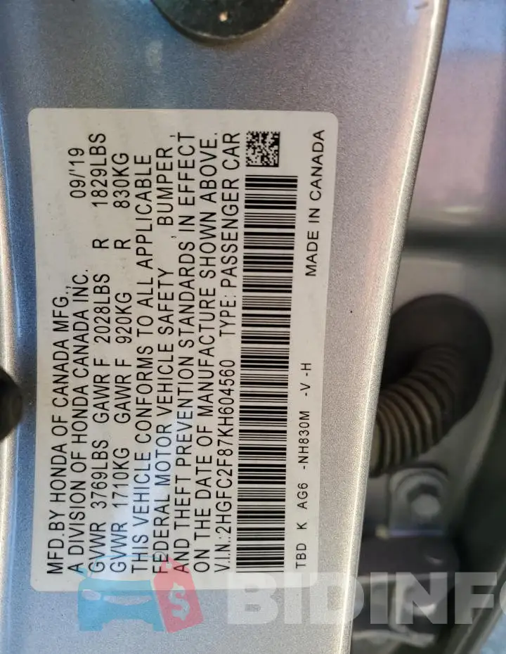 2HGFC2F87KH604560 Photo# 12