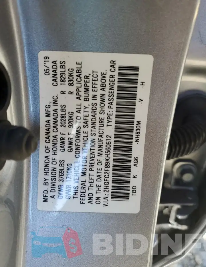 2HGFC2F89KH560612 Photo# 12