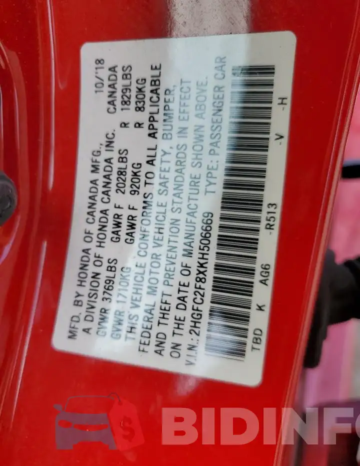 2HGFC2F8XKH506669 Photo# 13