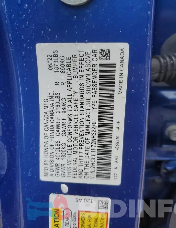 2HGFE1F72NH322701 Photo# 13