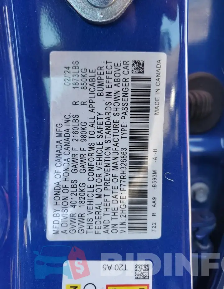 2HGFE1F77RH326863 Photo# 12