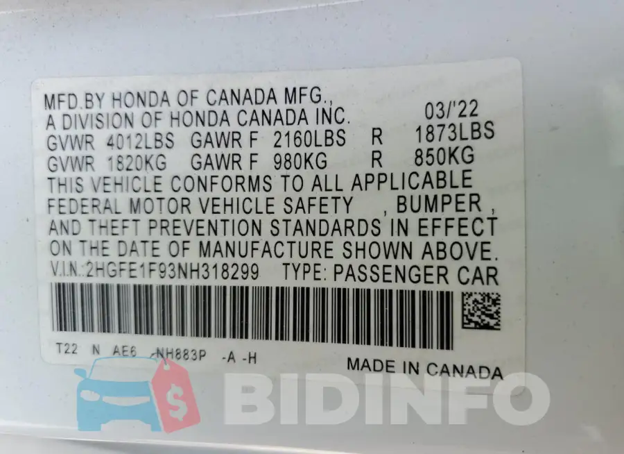 2HGFE1F93NH318299 Photo# 13