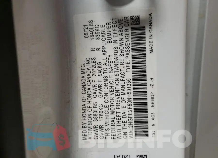 2HGFE2F50NH501355 Photo# 13