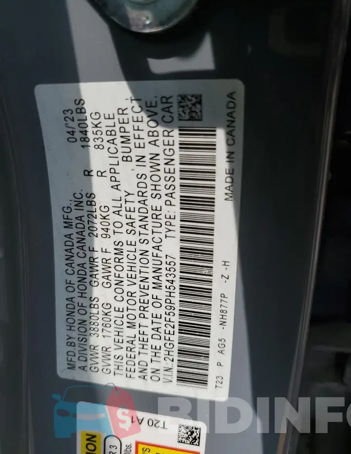 2HGFE2F59PH543557 Photo# 12