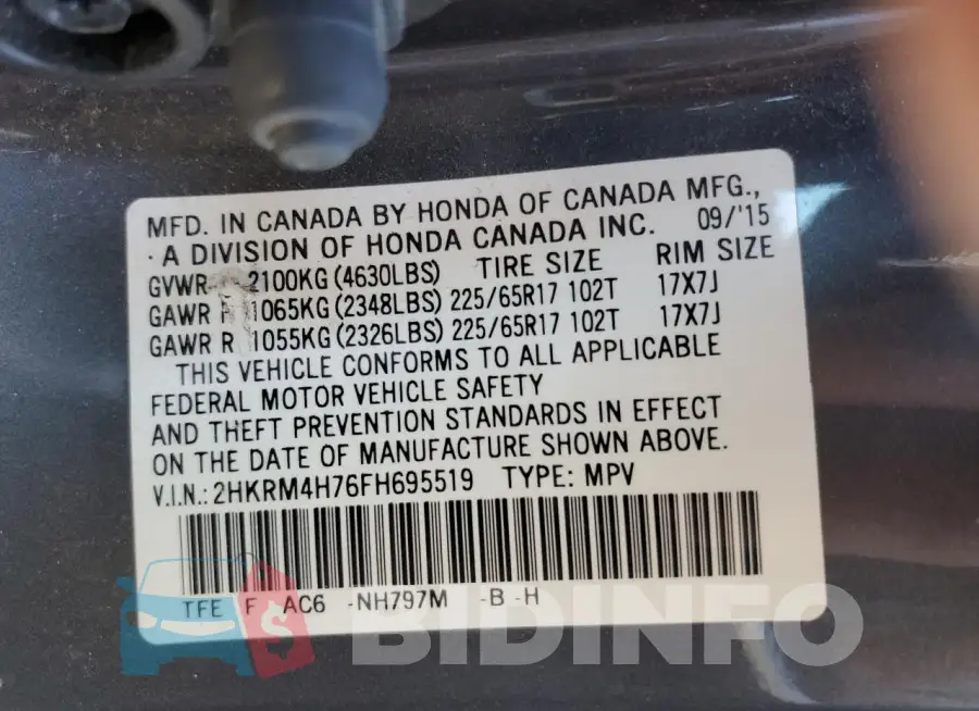 2HKRM4H76FH695519 Photo# 13