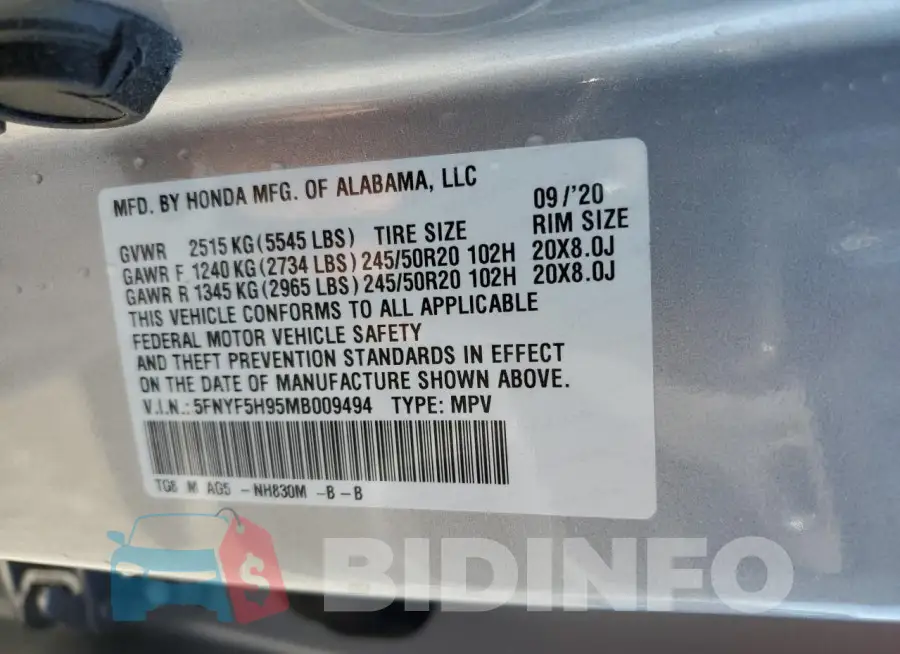 5FNYF5H95MB009494 Photo# 14