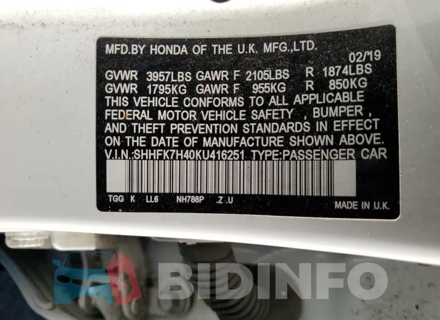 SHHFK7H40KU416251 Photo# 12