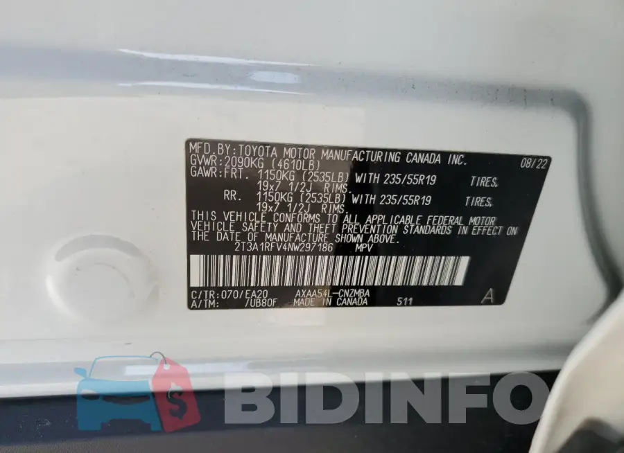 2T3A1RFV4NW297186 Photo# 13