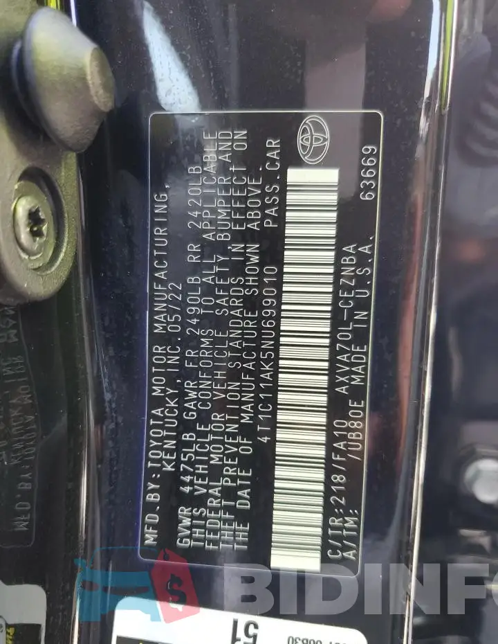 4T1C11AK5NU699010 Photo# 14