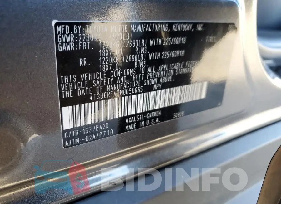 4T3B6RFV3MU050665 Photo# 14