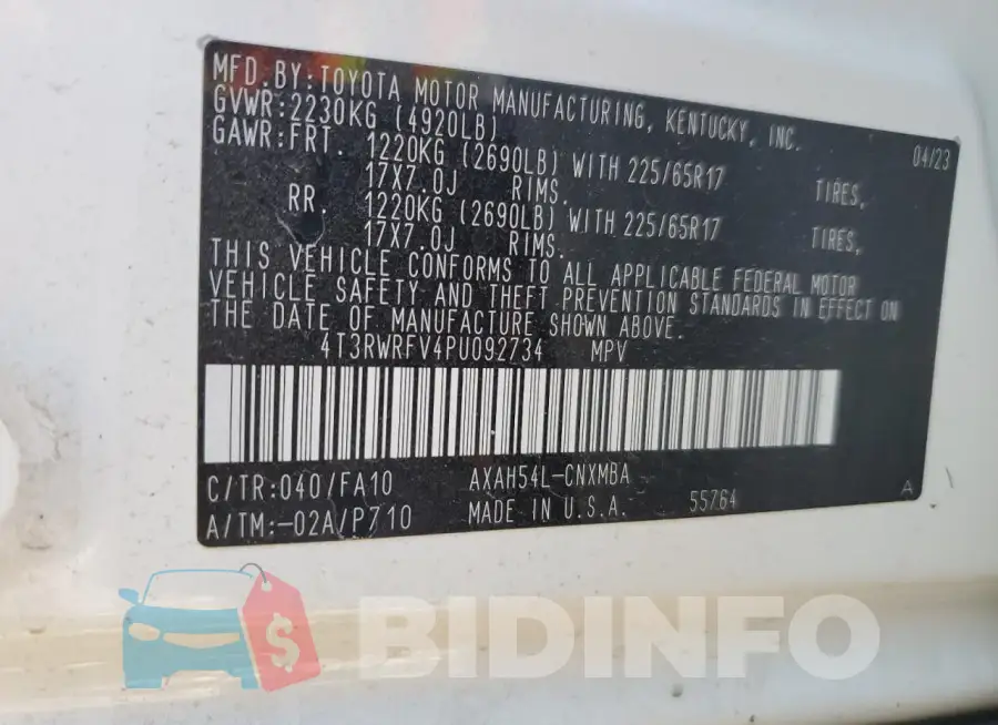 4T3RWRFV4PU092734 Photo# 12